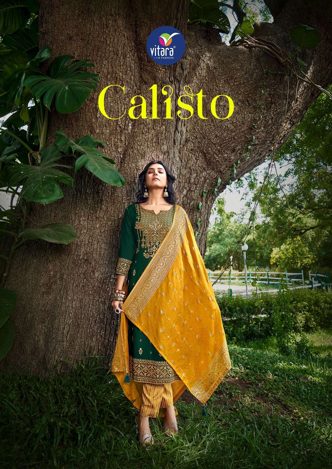 CALISTO HEAVY REYON FOIL PRINT HANDWORK KURTI WITH BOTTOM AND VISCOS CHANDERI DUPATTA BY VITARA FASHION BRAND POSTER